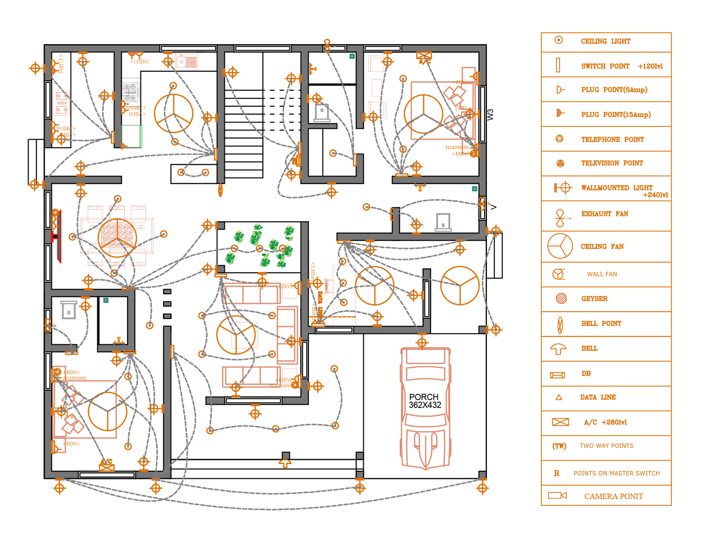 Single Storey BHK House Electrical Layout Plan Design Cadbull